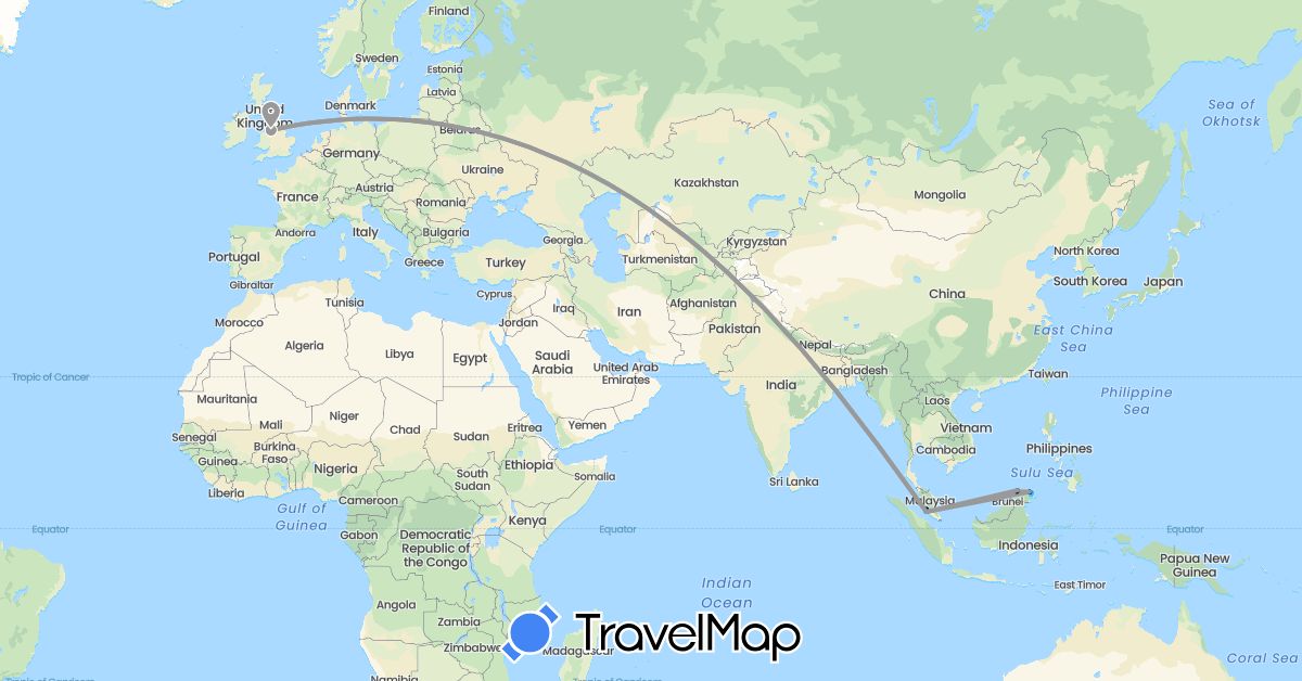 TravelMap itinerary: driving, plane, boat in United Kingdom, Malaysia (Asia, Europe)